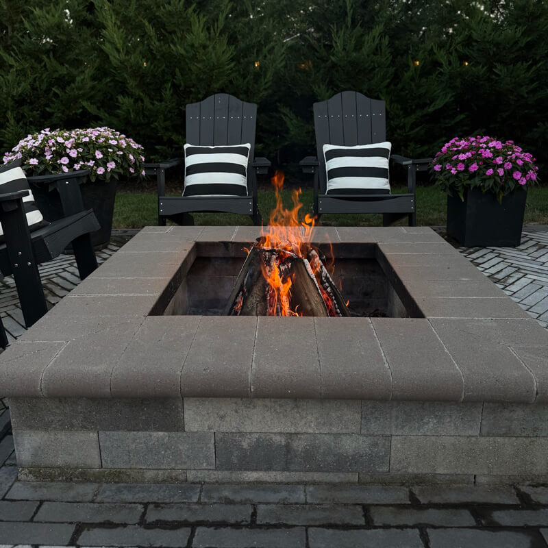 a fire pit with a fire